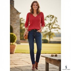 Ralph Lauren sweater red XL cable knit vneck sweater